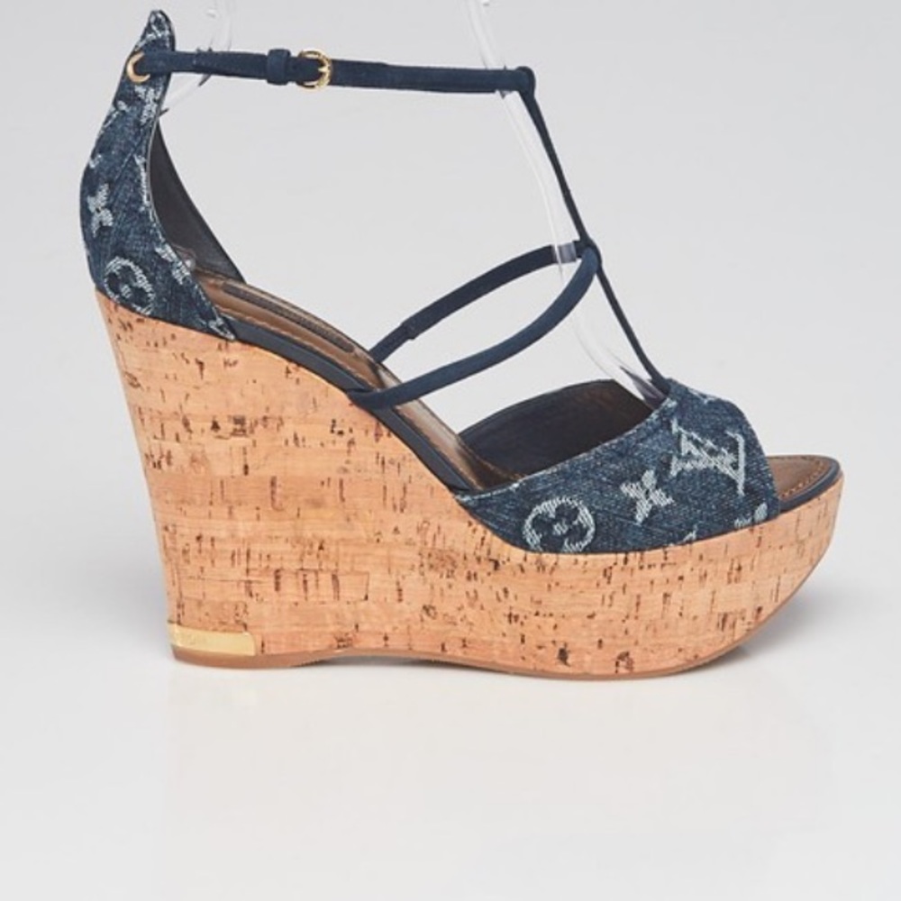Louis Vuitton Blue Monogram Denim T-strap Cork Wedges Sandals
